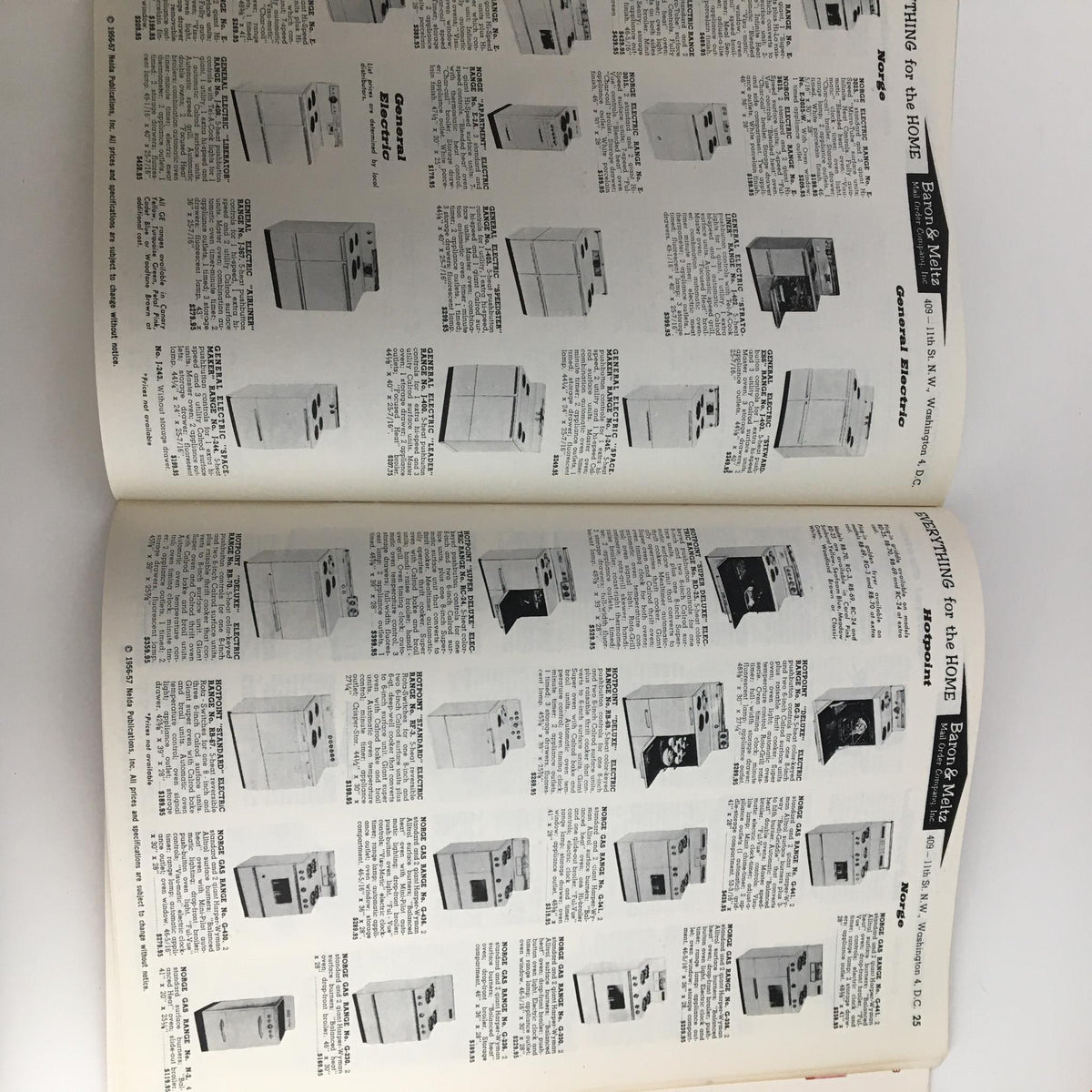 Pages from the 1957 Baron & Meltz Mail Order Company Inc. Shopping Guide Catalog highlighting various kitchen and household appliances.