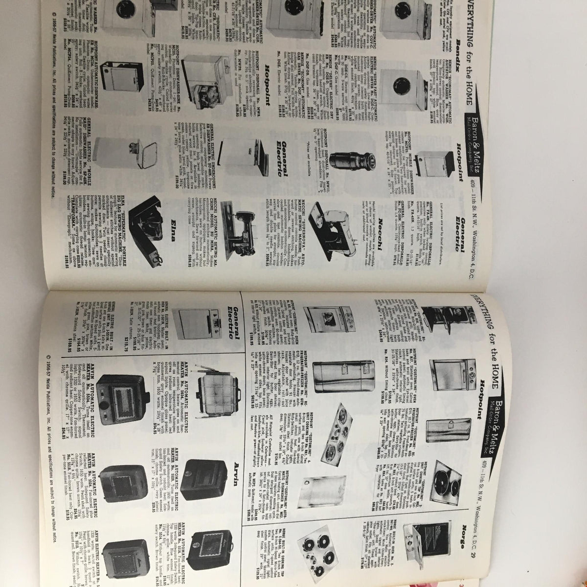 Items listed in the 1957 Baron & Meltz Mail Order Company Inc. Shopping Guide Catalog featuring small appliances and kitchen tools.