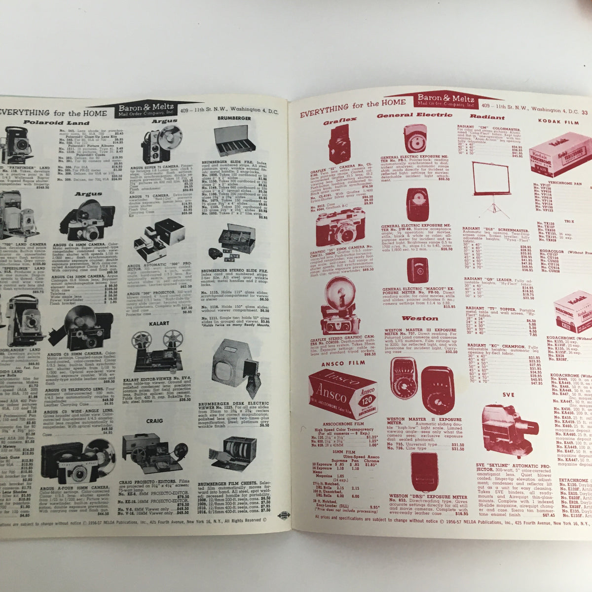 Inside pages of the 1957 Baron & Meltz Mail Order Company Inc. Shopping Guide Catalog showcasing vintage cameras and household items, reflecting mid-century shopping culture.