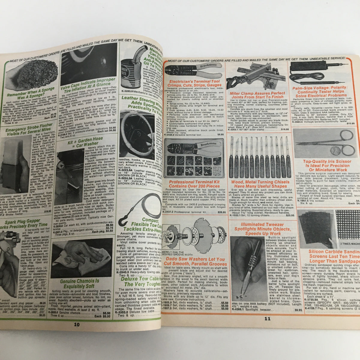 Page 10-11 from 1976 Brookstone Hard-To-Find-Tools and Other Fine Things Fall Catalog showcasing various tools and products, emphasizing customer feedback and product satisfaction.