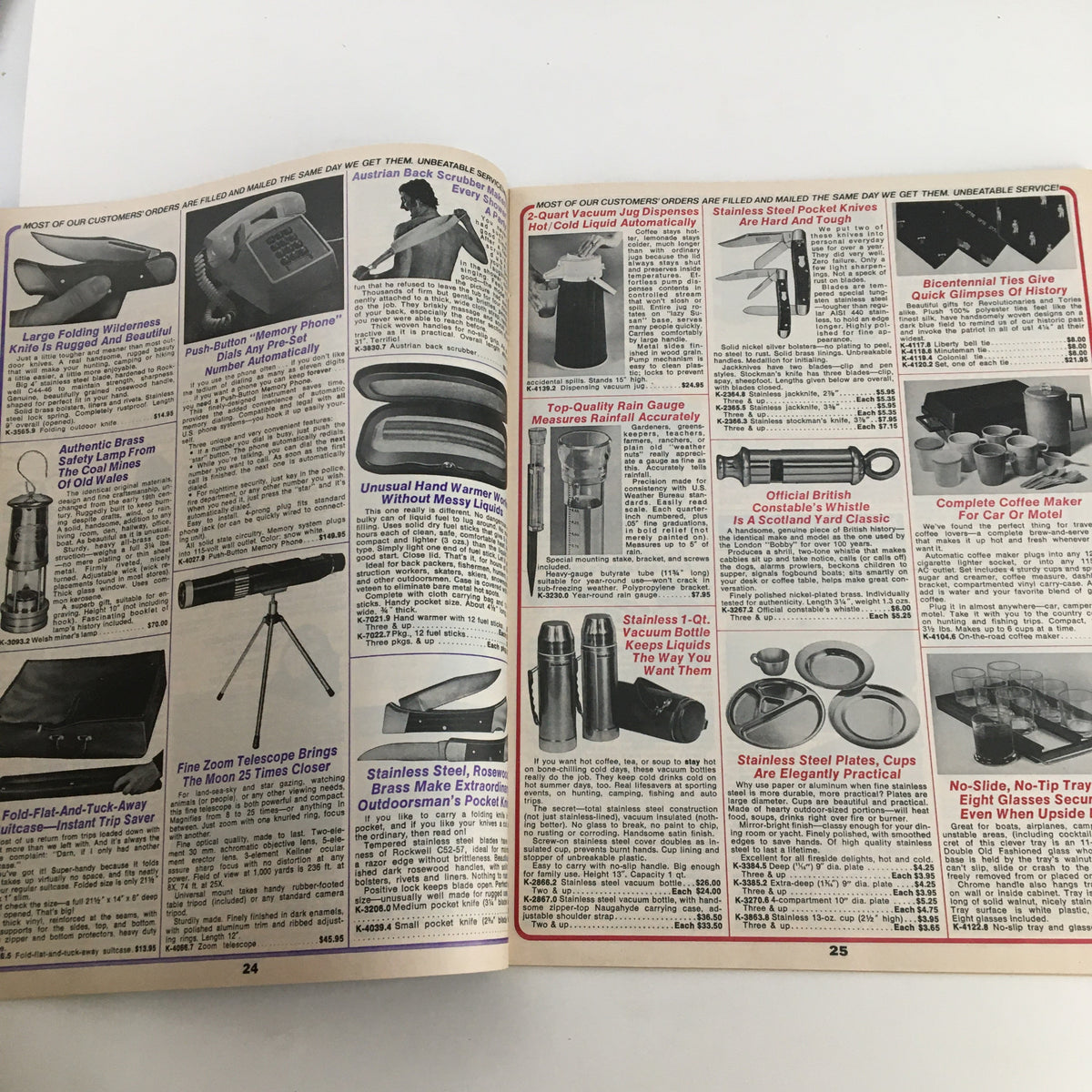 Page 24-25 from the 1976 Brookstone Hard-To-Find-Tools and Other Fine Things Fall Catalog featuring a range of unusual and specialized tools, including high-quality binoculars and innovative outdoor gear.