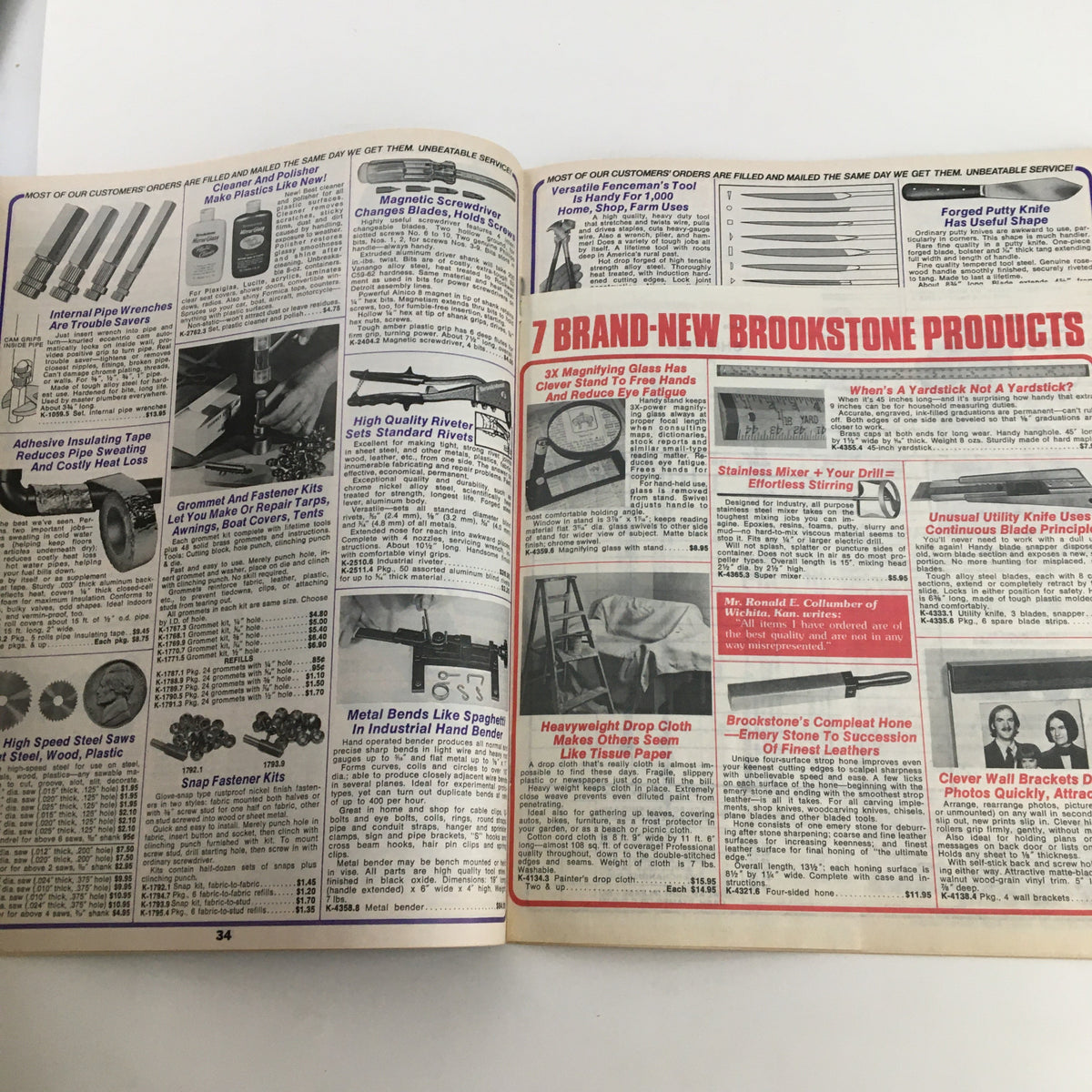 Page 34-35 from the 1976 Brookstone Hard-To-Find-Tools and Other Fine Things Fall Catalog displaying new Brookstone products and various tool kits designed for home improvement.