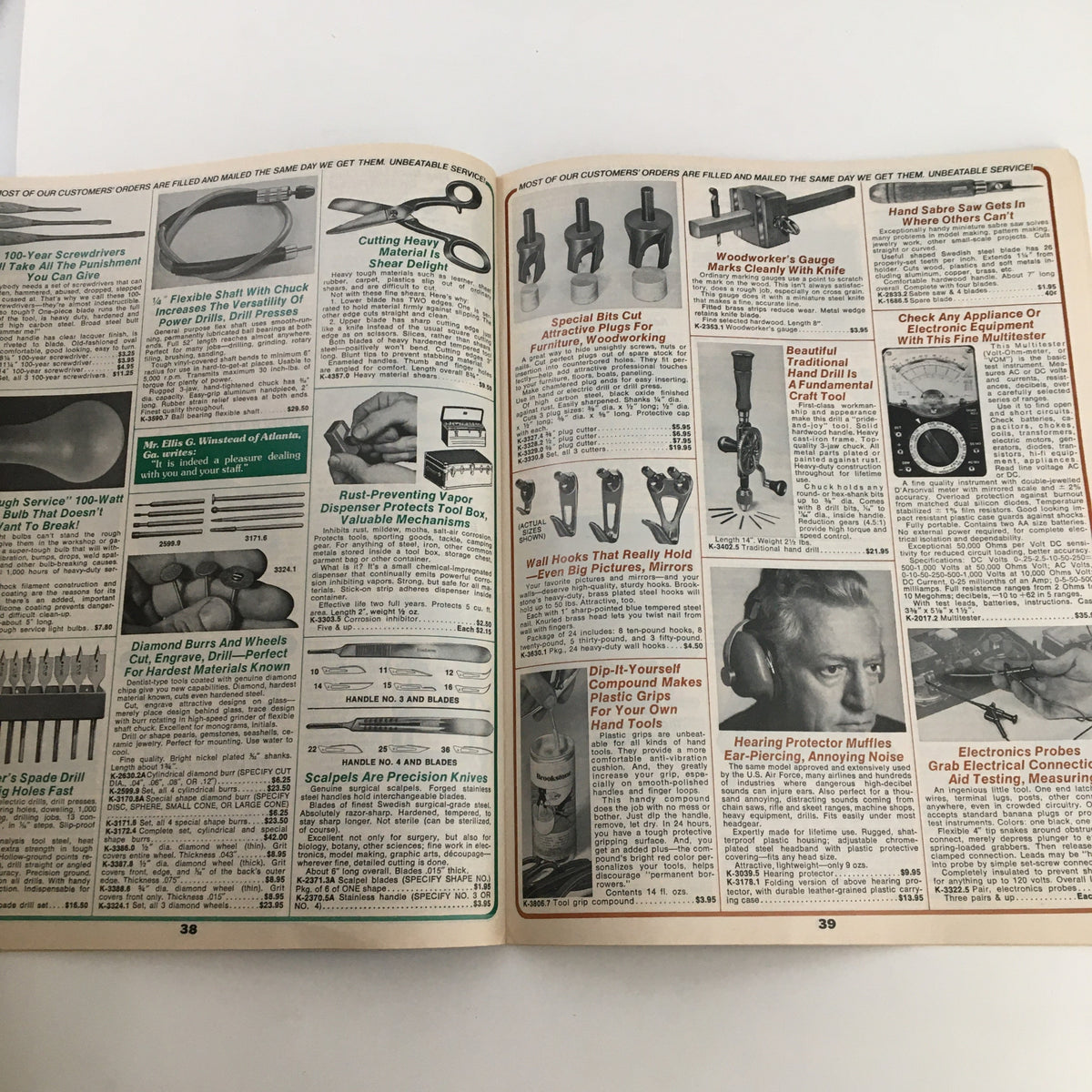Page 38-39 from the 1976 Brookstone Hard-To-Find-Tools and Other Fine Things Fall Catalog highlighting specialized tools and products for DIY enthusiasts, featuring detailed product descriptions.