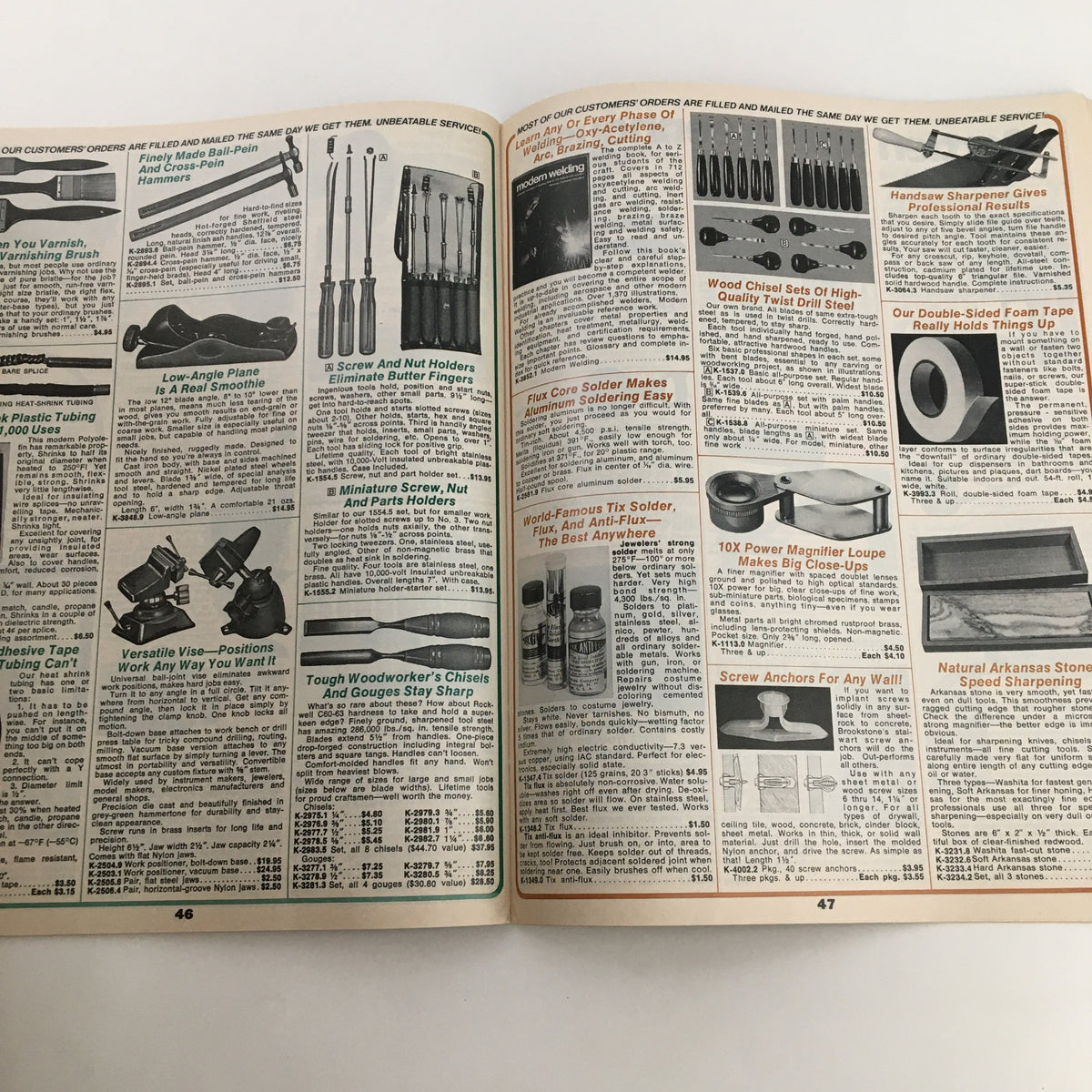 Page 46-47 from the 1976 Brookstone Hard-To-Find-Tools and Other Fine Things Fall Catalog focusing on woodworking and sharpening tools, illustrating their features and uses.