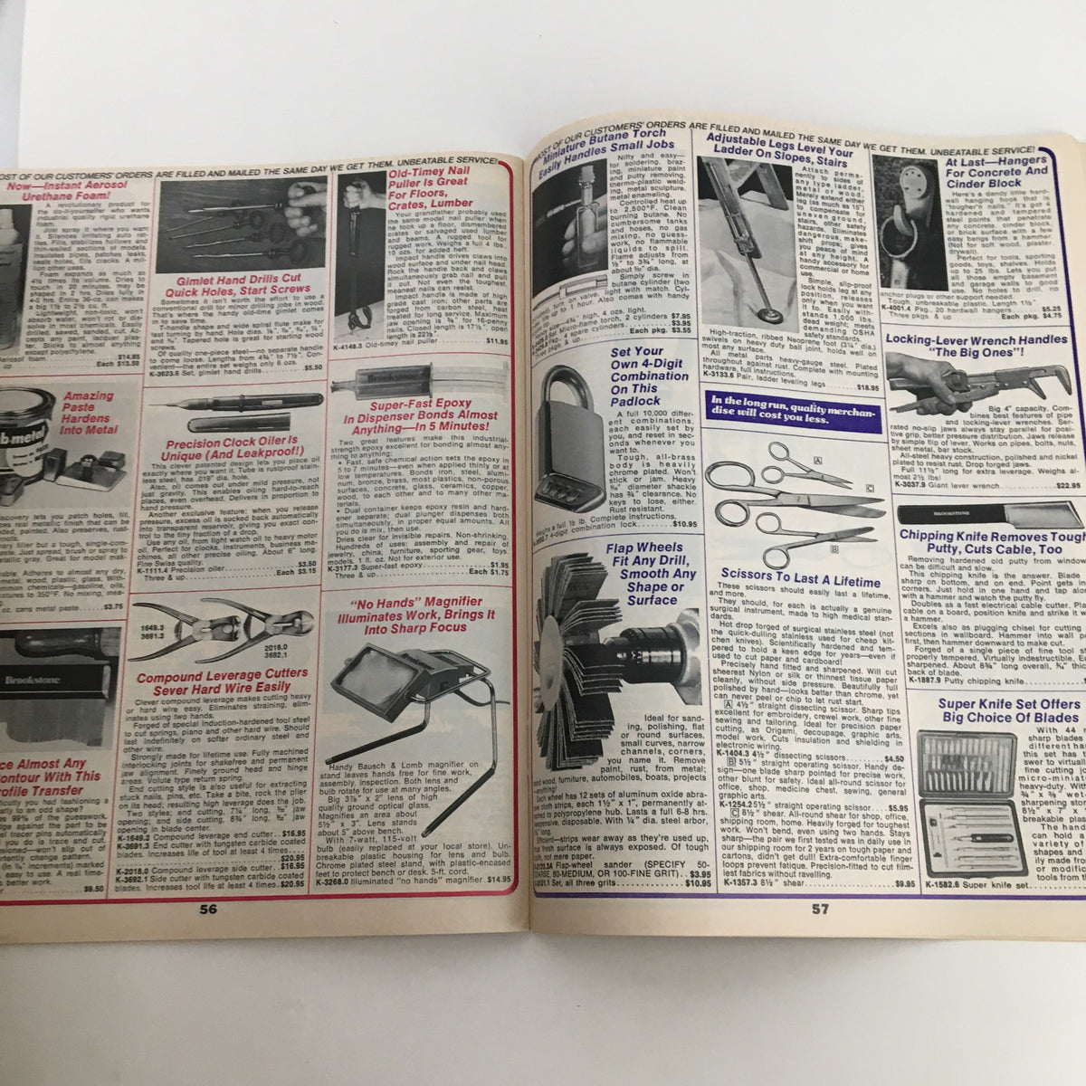 Interior pages of the 1976 Brookstone Hard-To-Find-Tools and Other Fine Things Fall Catalog displaying various unique tools and gadgets.