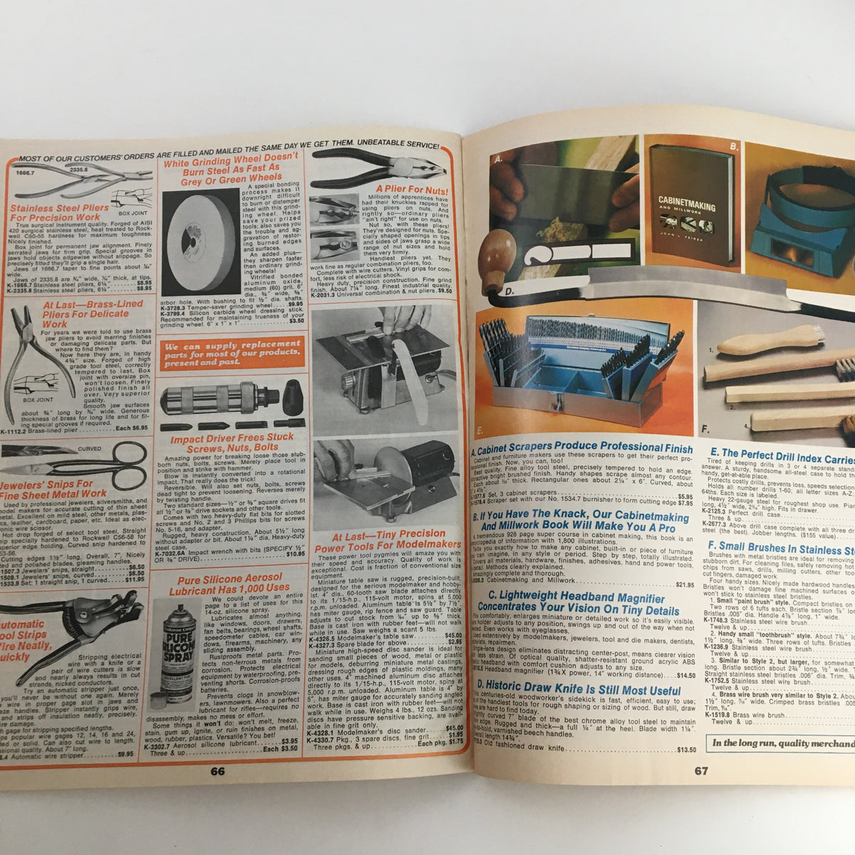 Another set of interior pages from the 1976 Brookstone Hard-To-Find-Tools and Other Fine Things Fall Catalog showcasing specialized tools and equipment.