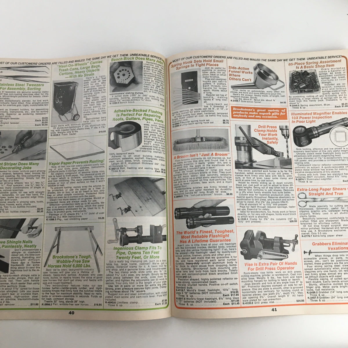Additional content from the 1976 Brookstone Hard-To-Find-Tools 62 Brand New Products Catalog displaying more creative tools and descriptions.