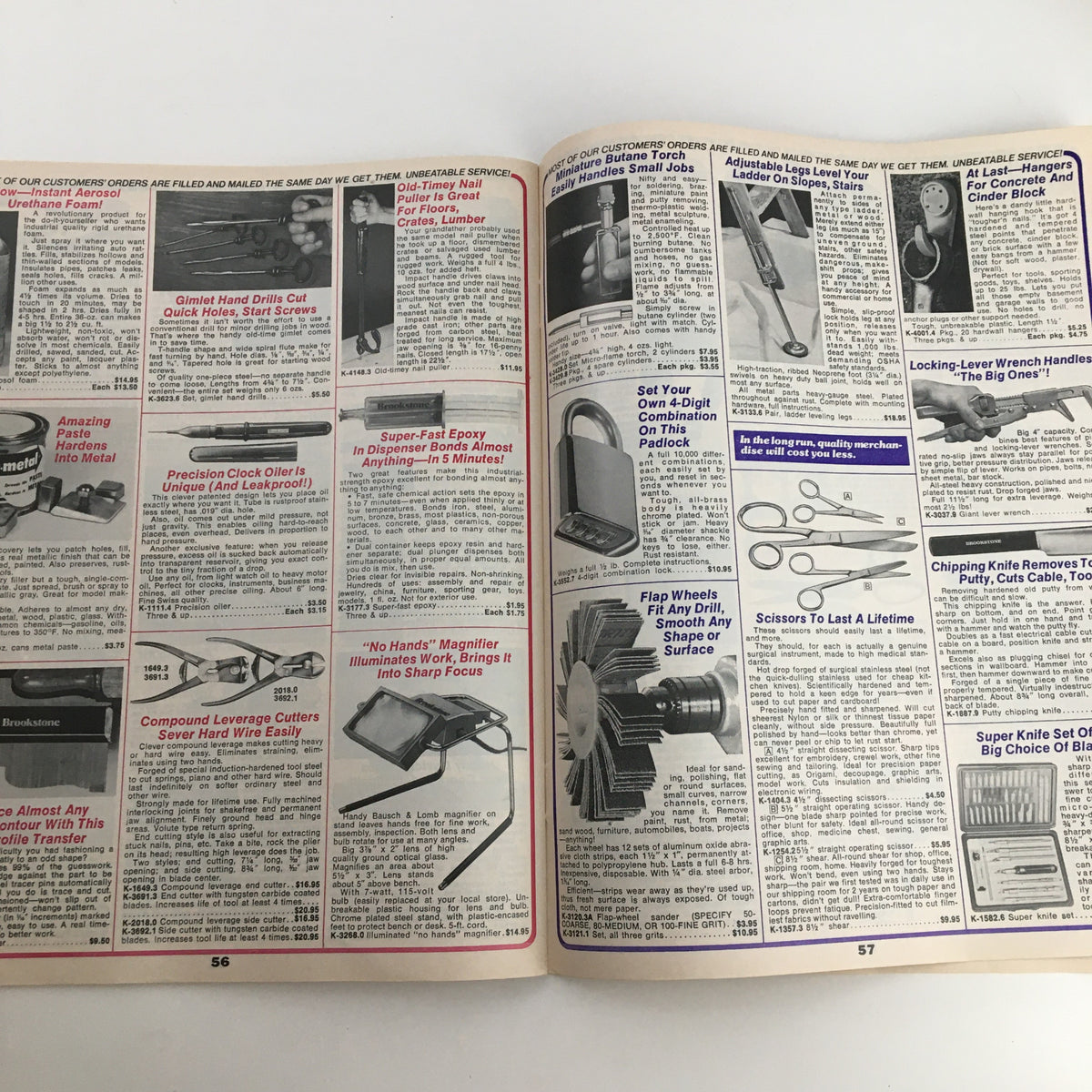 Final pages of the 1976 Brookstone Hard-To-Find-Tools 62 Brand New Products Catalog illustrating a variety of handy tools and innovations.