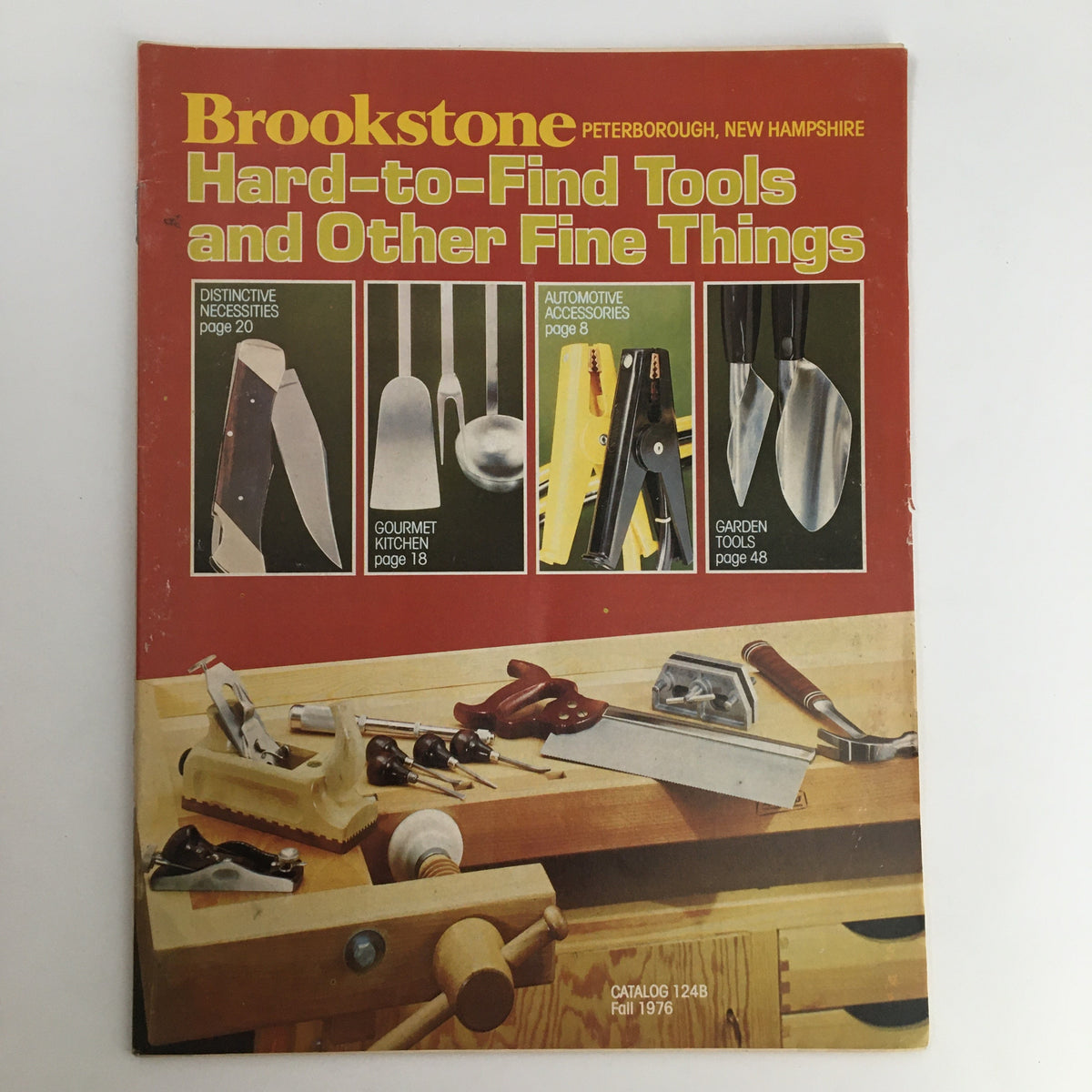 1976 Brookstone Hard-To-Find-Tools and Other Fine Things Catalog 124B cover featuring a variety of tools including kitchen utensils and automotive accessories.