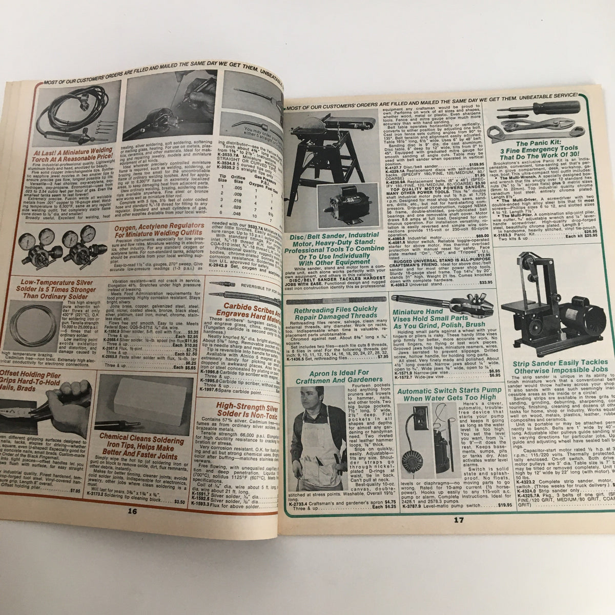 Page 16-17 of the 1976 Brookstone Hard-To-Find-Tools and Other Fine Things Catalog 124B showcasing various tools and items available for purchase.