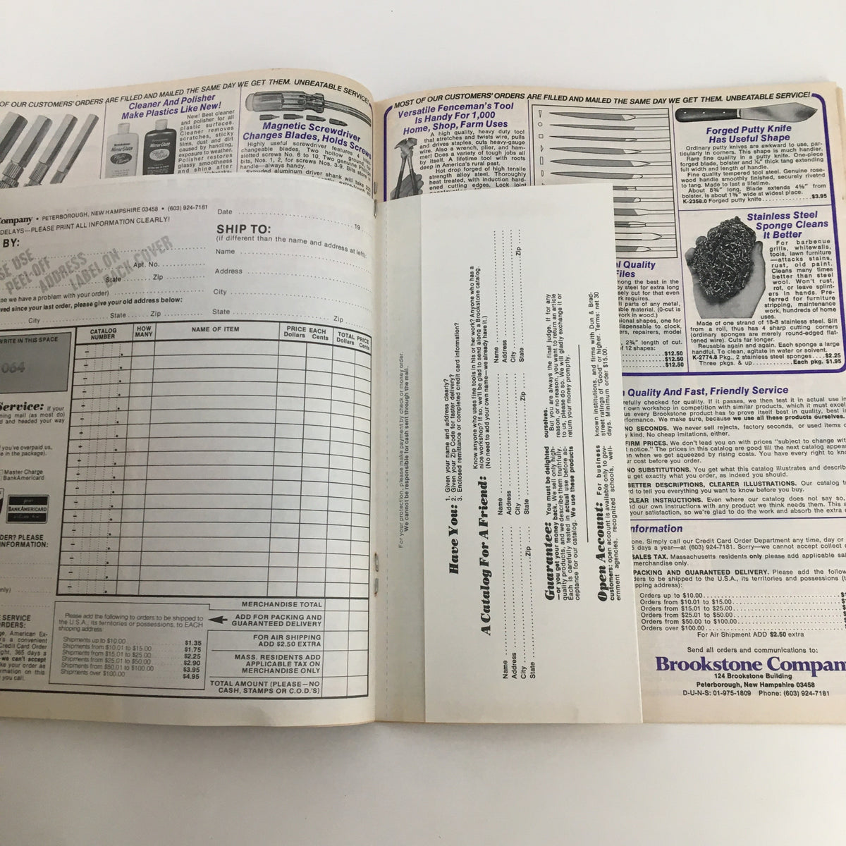 Inside page of the 1976 Brookstone Hard-To-Find-Tools and Other Fine Things Catalog 124B displaying shipping information and product order form.