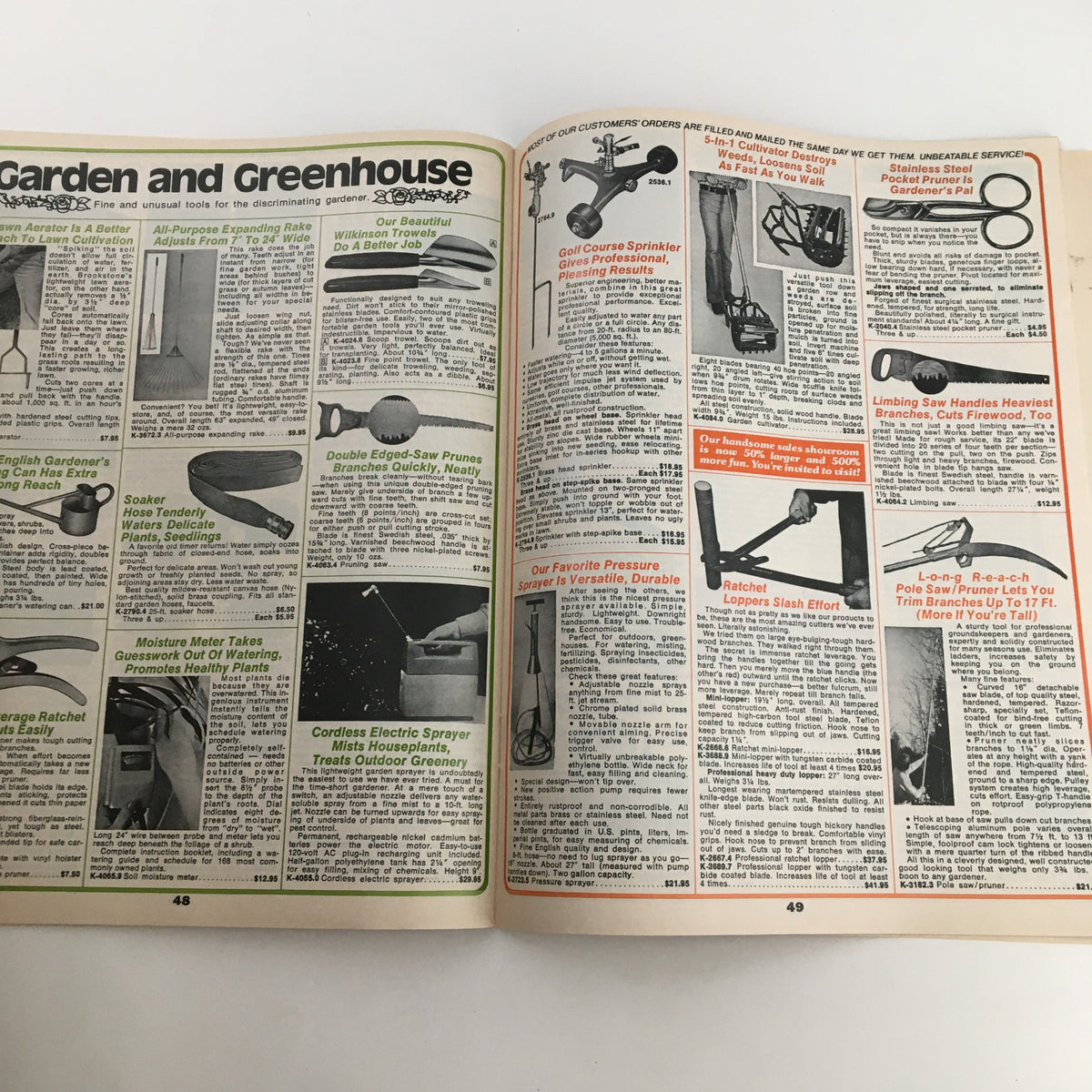 Page 46-49 of the 1976 Brookstone Hard-To-Find-Tools and Other Fine Things Catalog 124B featuring garden and greenhouse tools and accessories.