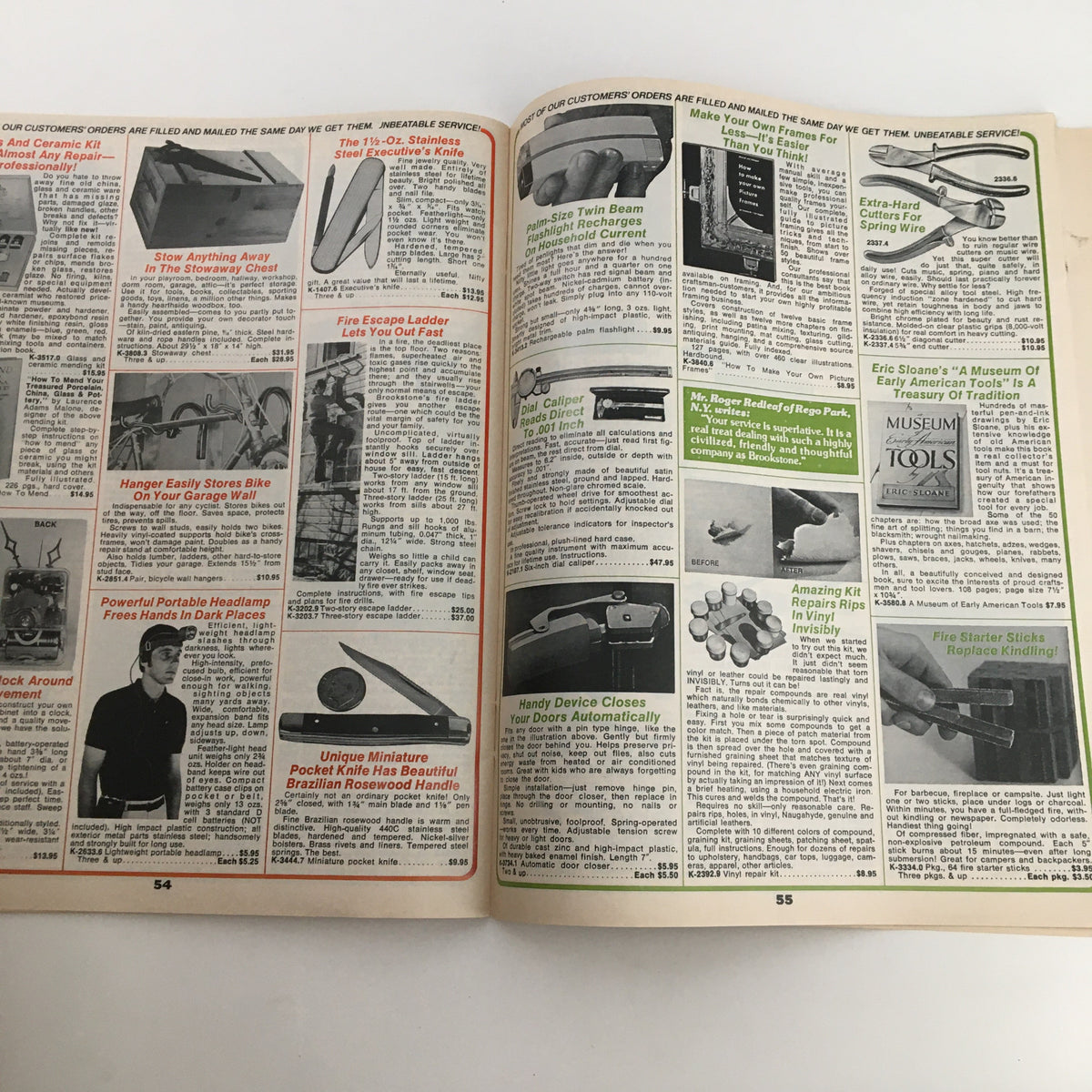 Page from the 1976 Brookstone Hard-To-Find-Tools and Other Fine Things Catalog 124B showcasing various unique tools and gadgets.