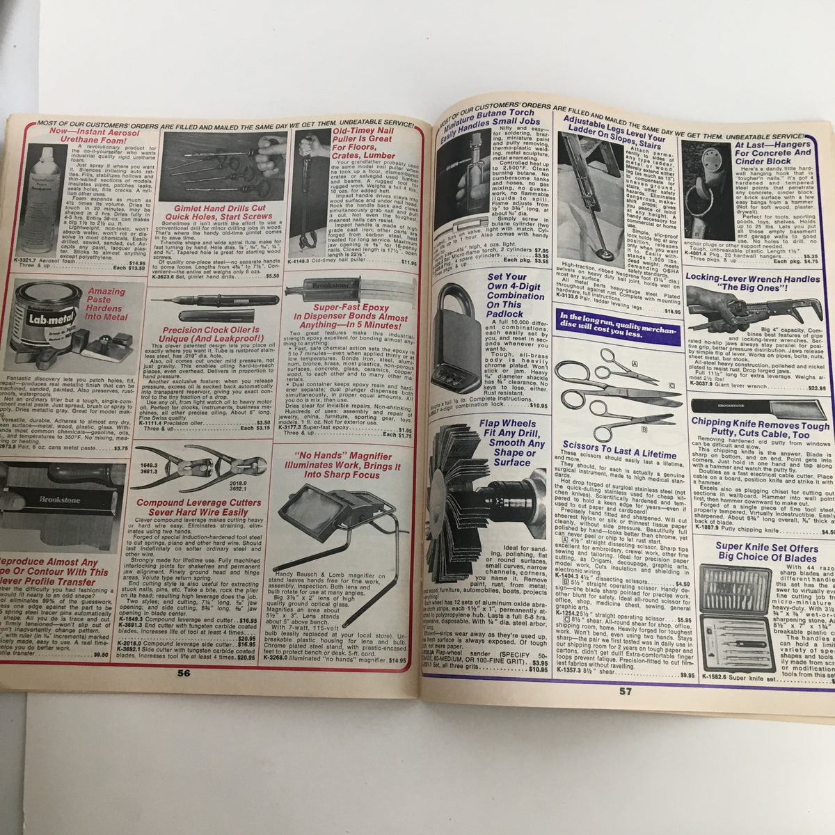 Illustrations and descriptions of hardware tools featured in the 1976 Brookstone Hard-To-Find-Tools and Other Fine Things Catalog 124B.