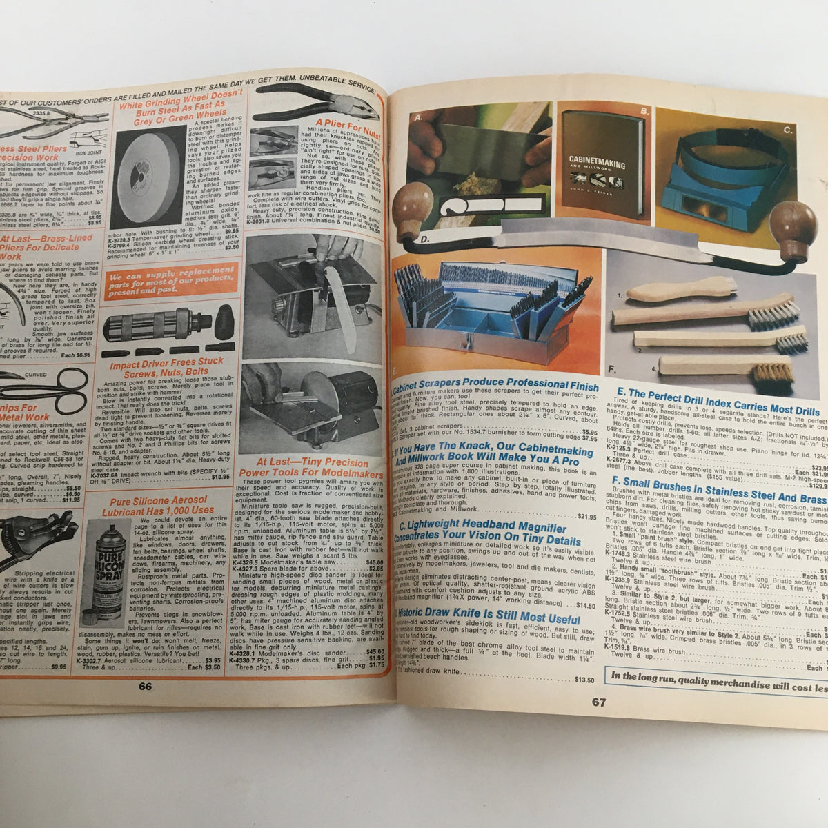 Detailed page from the 1976 Brookstone Hard-To-Find-Tools and Other Fine Things Catalog 124B highlighting precision tools and accessories.