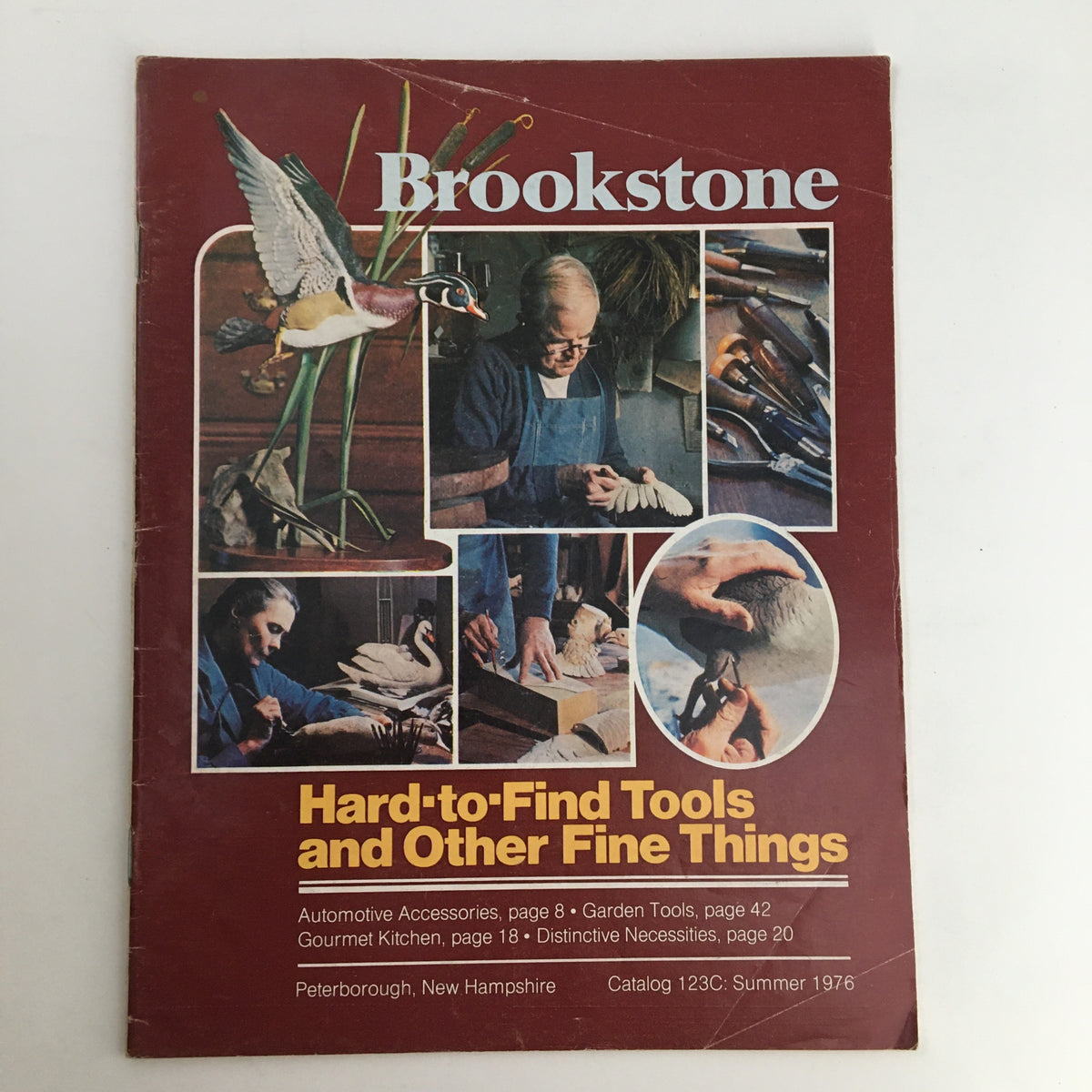 1976 Brookstone Hard-To-Find-Tools and Other Fine Things Catalog 123C cover featuring various tools and a craftsman at work.