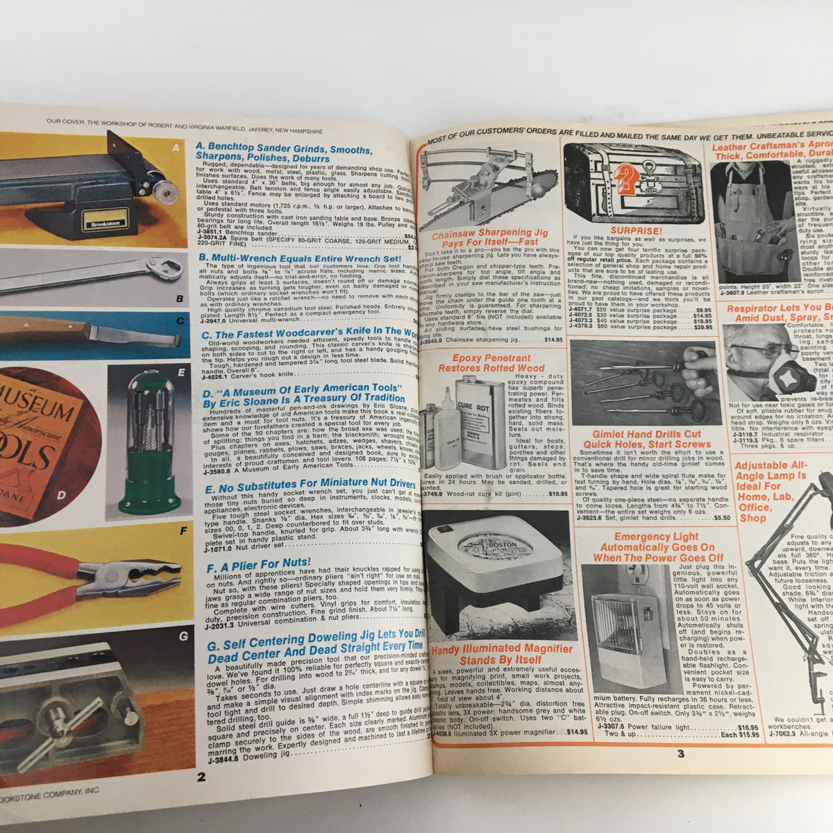 Interior page of the 1976 Brookstone Hard-To-Find-Tools and Other Fine Things Catalog 123C showcasing different tools and accessories.