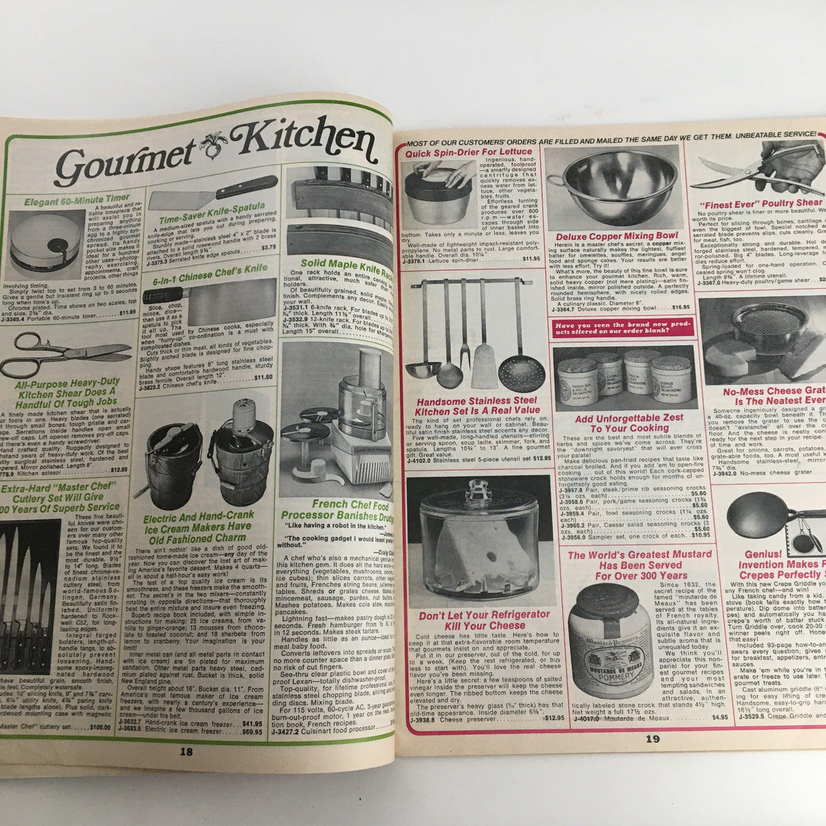 1976 Brookstone Hard-To-Find-Tools and Other Fine Things Catalog 123C, featuring various gourmet kitchen tools including knives, mixing bowls, and utensils.