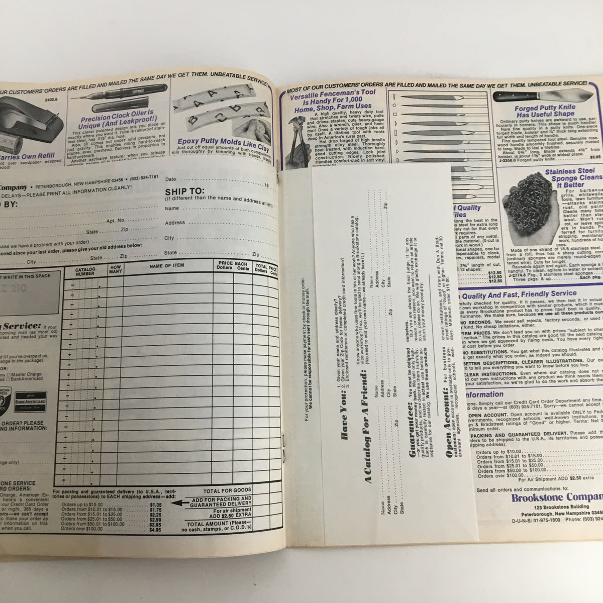 1976 Brookstone Hard-To-Find-Tools and Other Fine Things Catalog 123C, illustrating the catalog's inner layout with order forms and item listings.