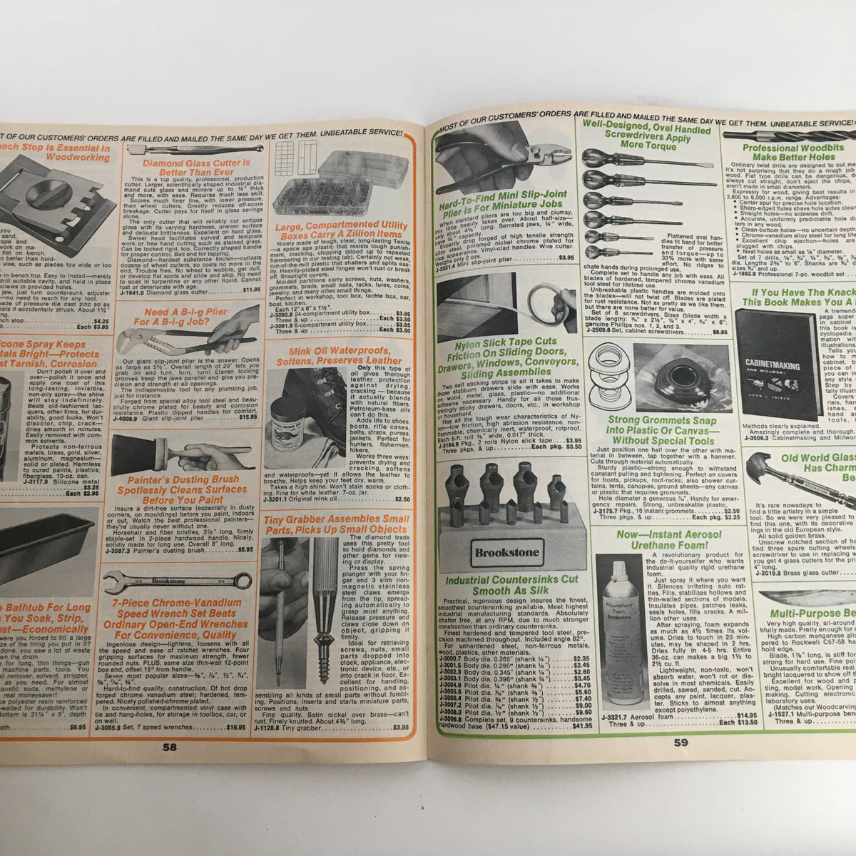 1976 Brookstone Hard-To-Find-Tools and Other Fine Things Catalog 123C, showcasing various tools and gadgets on two open pages, demonstrating innovative products available in that year.