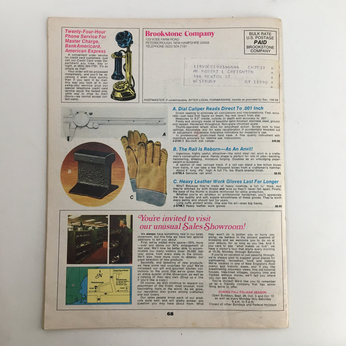 Back cover of the 1976 Brookstone Hard-To-Find-Tools and Other Fine Things Catalog 123C, displaying contact information and promotional visuals for Brookstone.