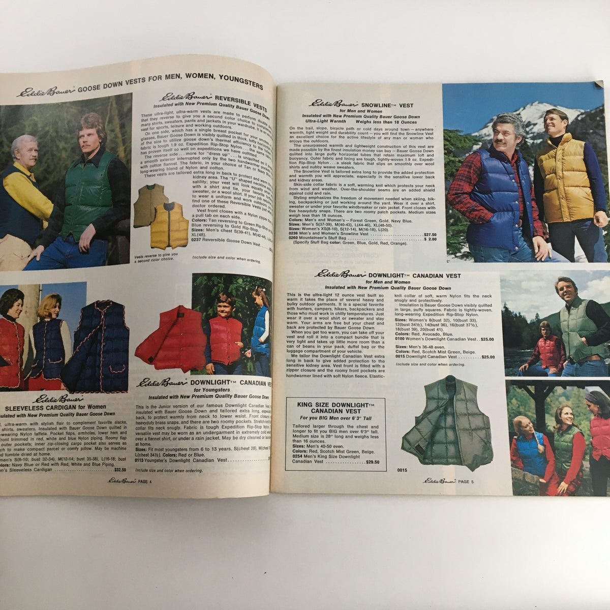 1976 Eddie Bauer Christmas Goose Down Garments Catalog featuring various goose down vests for men, women, and youngsters, showcasing product descriptions and pricing.