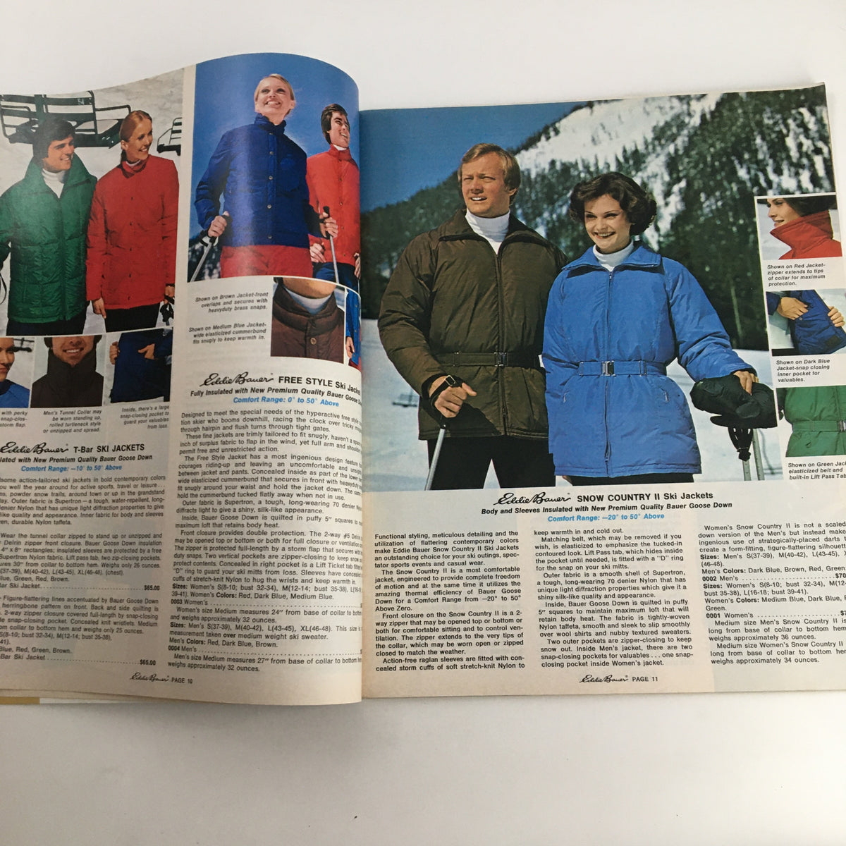 1976 Eddie Bauer Christmas Goose Down Garments Catalog display of ski jackets for men and women, highlighting features, styles, and pricing for winter sportswear.
