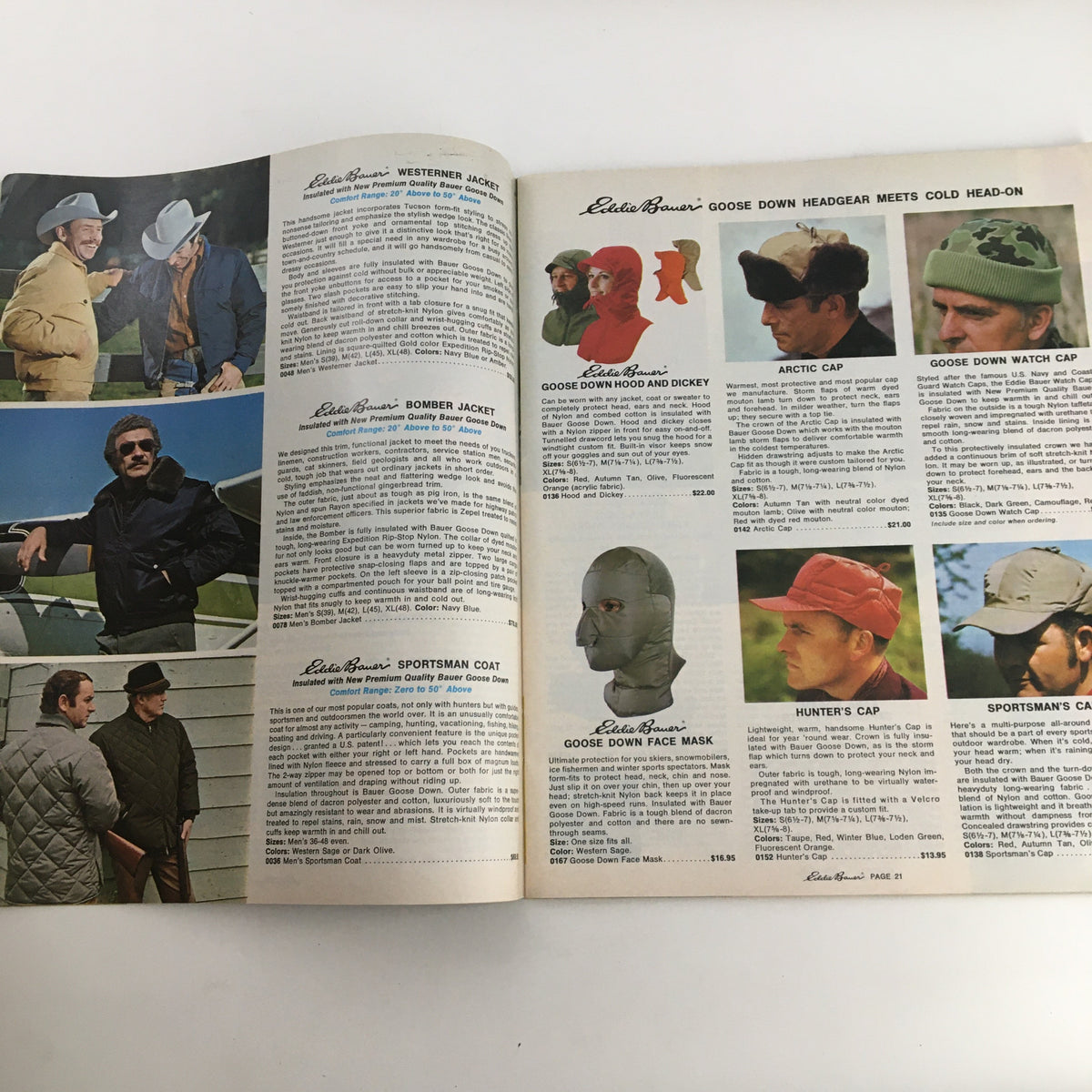1976 Eddie Bauer Christmas Goose Down Garments Catalog showcasing a range of outdoor jackets and headgear, emphasizing warmth and comfort for cold weather.