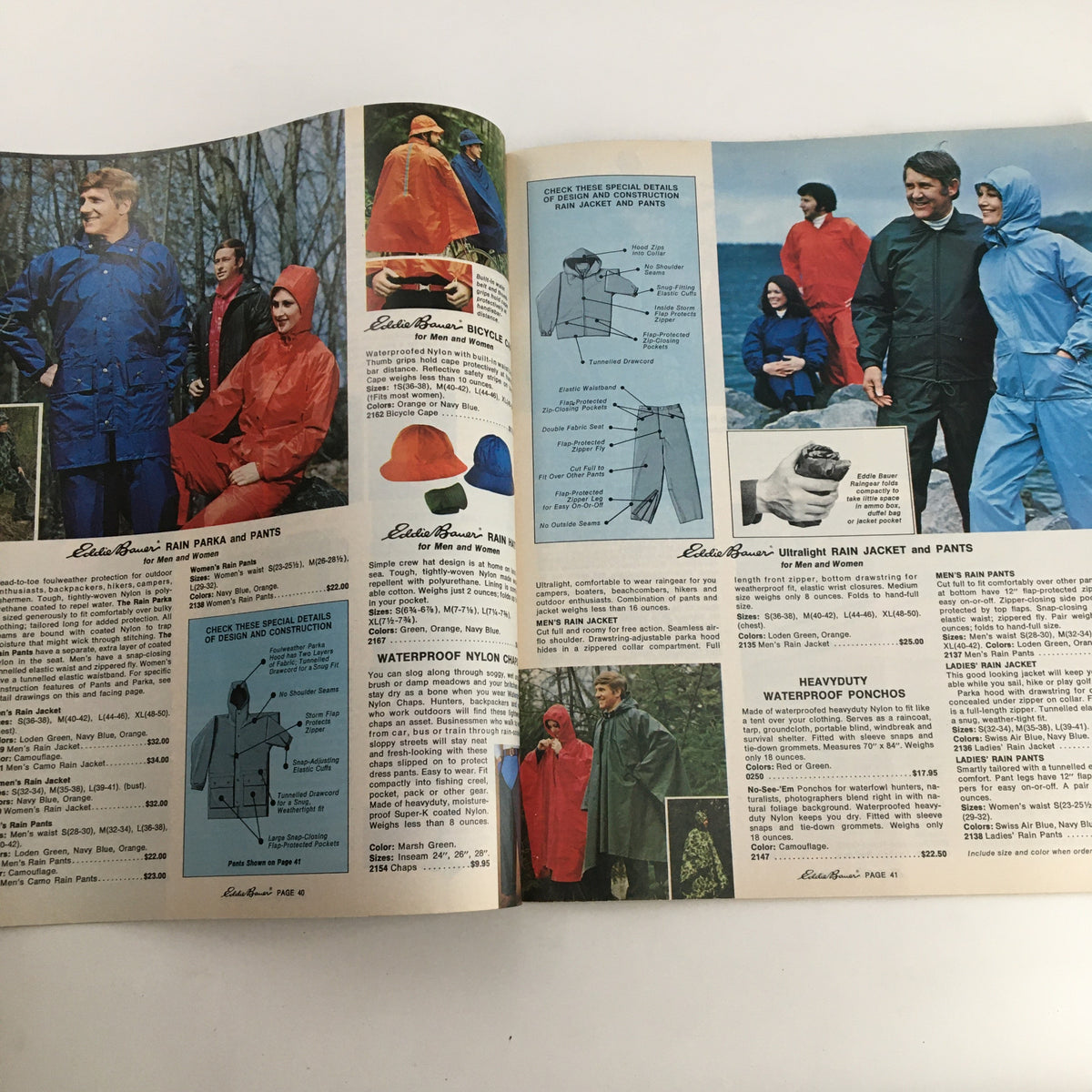 1976 Eddie Bauer Christmas Goose Down Garments Catalog page illustrating rainwear options, including ponchos and jackets, designed for durability in outdoor conditions.