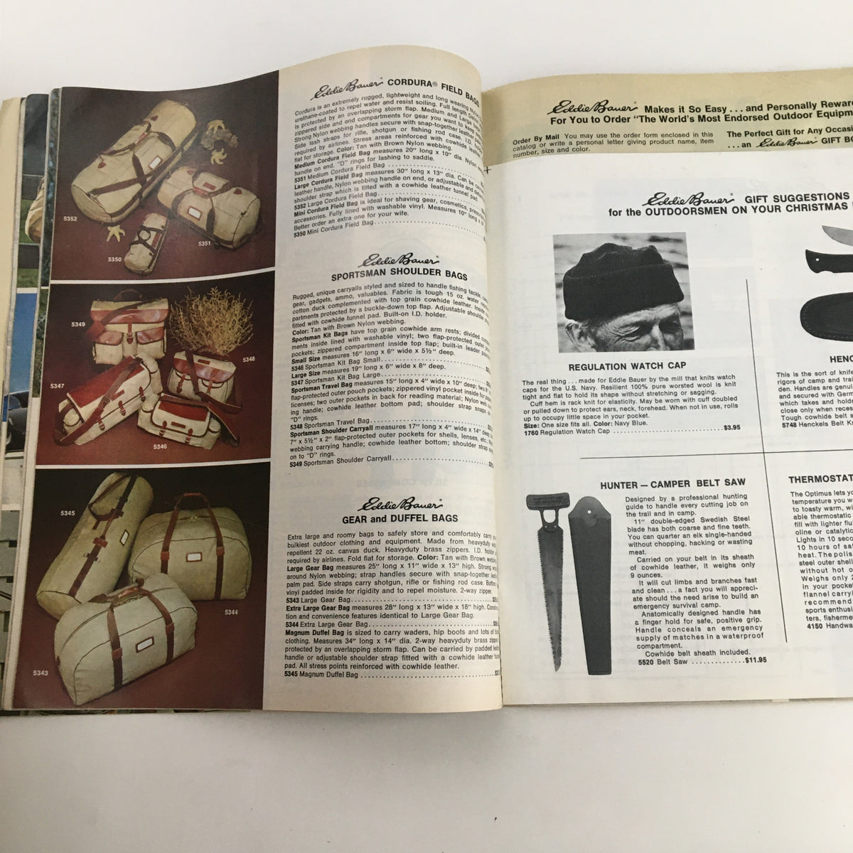 1976 Eddie Bauer Christmas Goose Down Garments Catalog emphasizing various bags and accessories for outdoor enthusiasts, promoting practicality for adventurers.