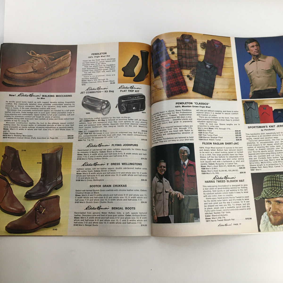 1976 Eddie Bauer Christmas Goose Down Garments Catalog displaying a variety of stylish clothing items and accessories including coats and bags.