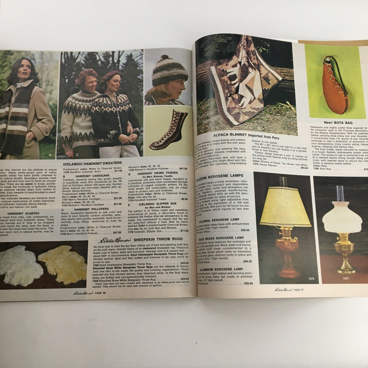 1976 Eddie Bauer Christmas Goose Down Garments Catalog showcasing Icelandic handknit sweaters, scarves, and accessories.