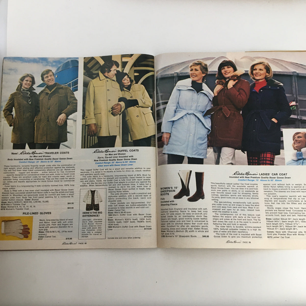 1976 Eddie Bauer Christmas Goose Down Garments Catalog highlighting a range of duffle coats and traveler coats for winter.