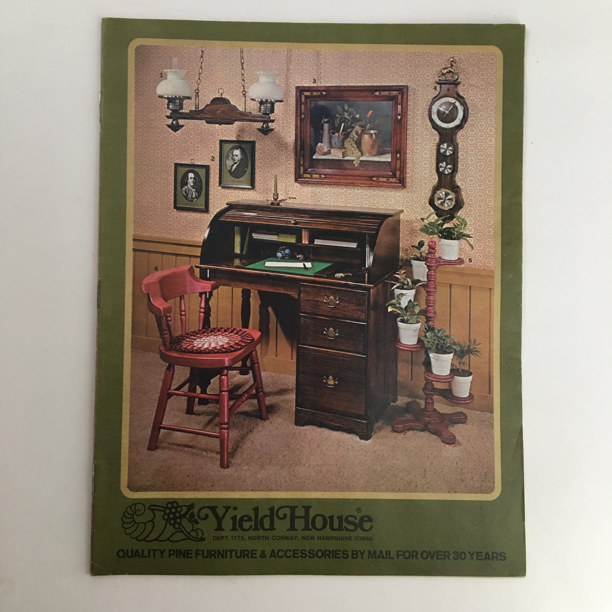 Cover of the Yield House Quality Pine Furniture & Accessories Catalog featuring a vintage interior scene with a wooden desk, a red chair, and home decor accents.
