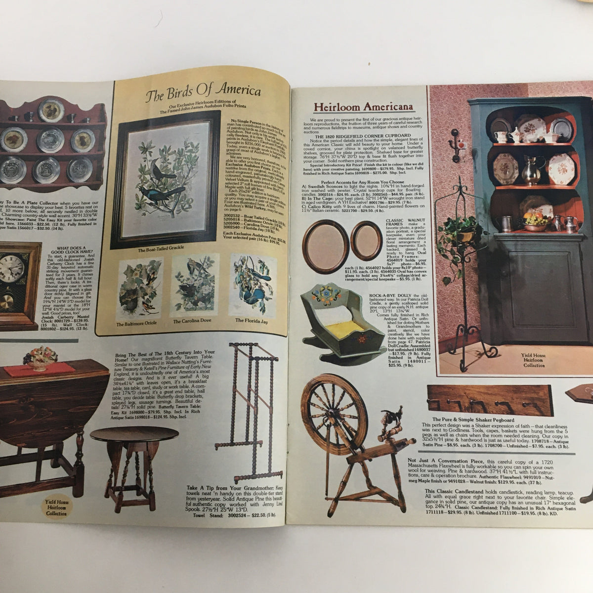 Interior pages of the Yield House Quality Pine Furniture & Accessories Catalog showcasing pine furniture designs including decorative wall plates, a traditional clock, and various home accessories.