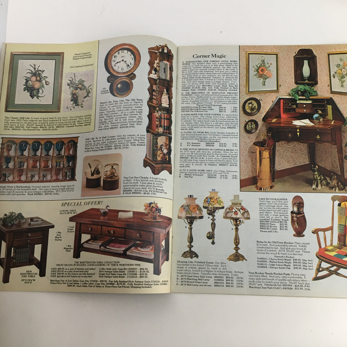 Vintage image from Yield House Quality Pine Furniture & Accessories Catalog showcasing a variety of home decor items including framed art, a classic clock, and a selection of elegant wooden furniture.