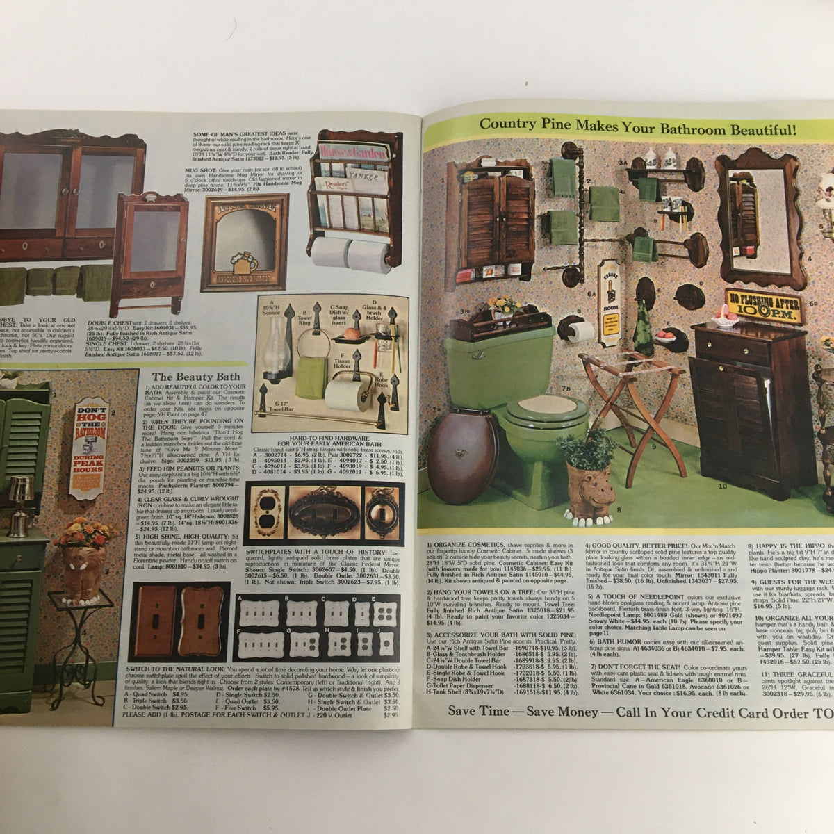 Bathroom furnishings featured in Yield House Quality Pine Furniture & Accessories Catalog, illustrating wooden shelves, mirrors, and accessories designed for a charming vintage bathroom ambiance.