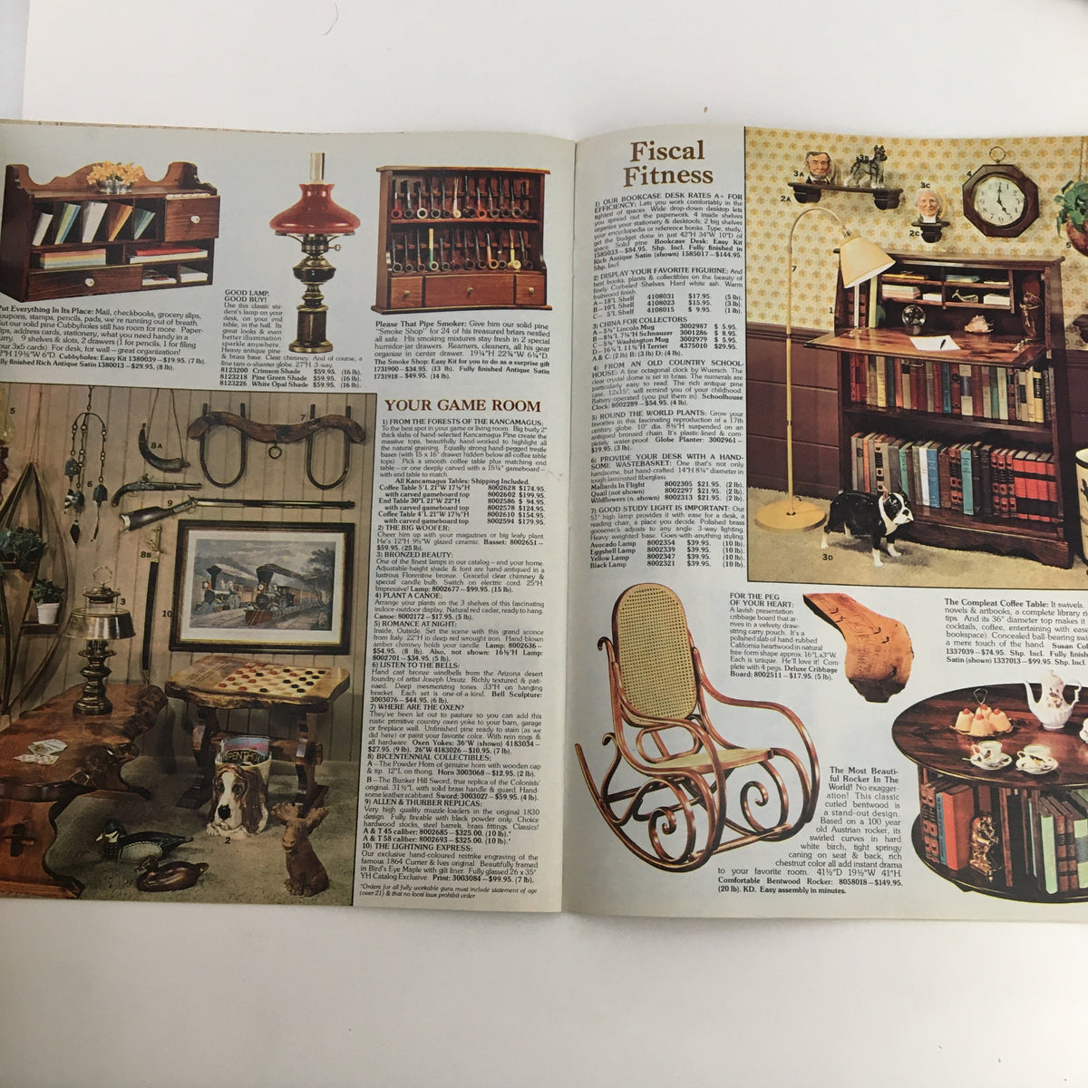 Showcase of living room and game room furniture from Yield House Quality Pine Furniture & Accessories Catalog, featuring coffee tables, rocking chairs, and decorative elements ideal for vintage aesthetics.