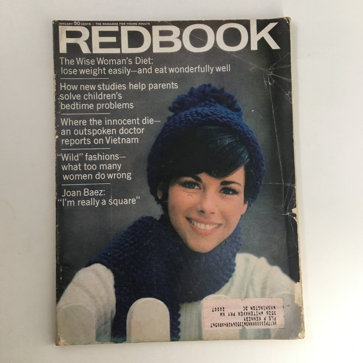 Redbook Magazine January 1967 Cover Photograph of Miss Bunny Spangler showcasing a vintage fashion style with a woman in a winter hat and scarf.