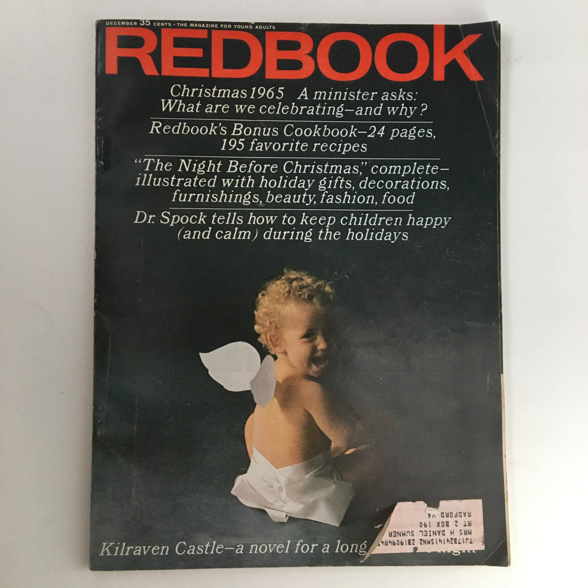 Cover of Redbook Magazine December 1965 featuring the title 'The Night Before Christmas' with a young child dressed in festive attire, highlighting Christmas themes and holiday recipes.