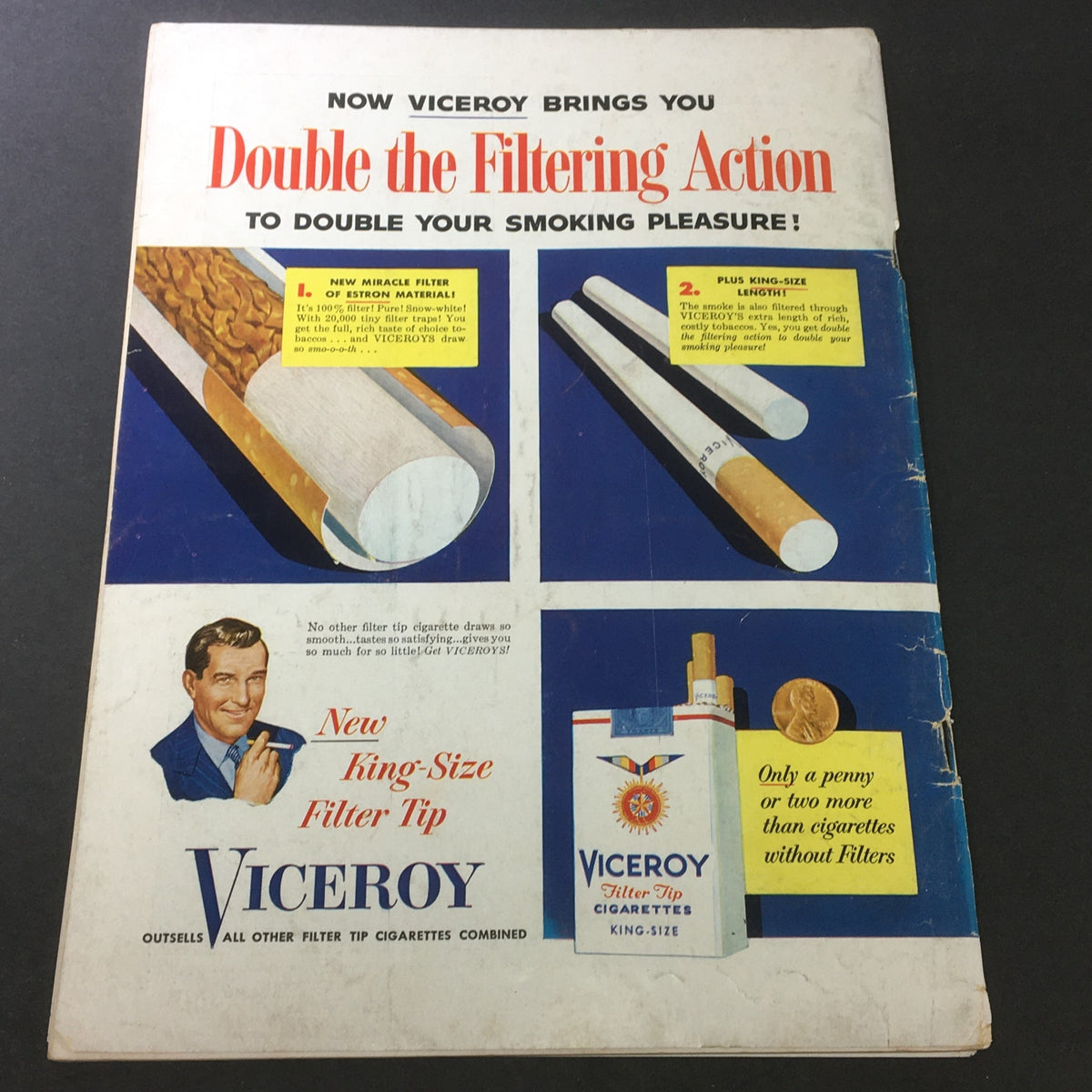 Back cover of VTG Gourmet The Magazine of Good Living July 1954, featuring an advertisement for Viceroy cigarettes, utilizing bold colors and graphics popular in the 1950s.