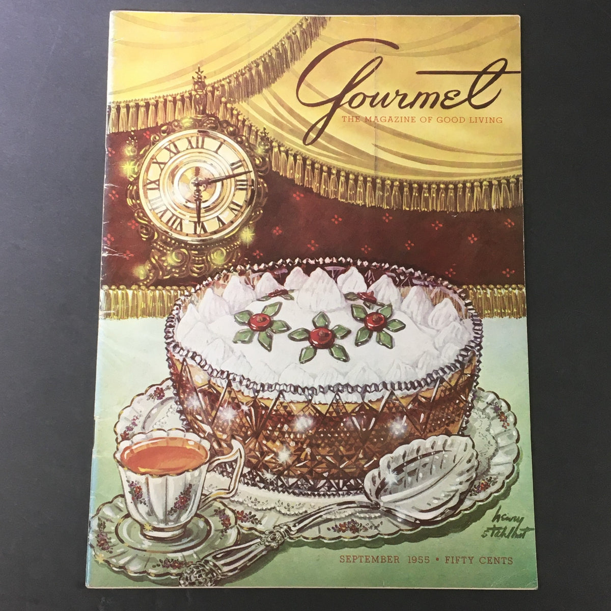 Cover of VTG Gourmet The Magazine of Good Living September 1955, featuring a vintage dessert centerpiece and elegant tea set, illustrating 1950s culinary aesthetics.