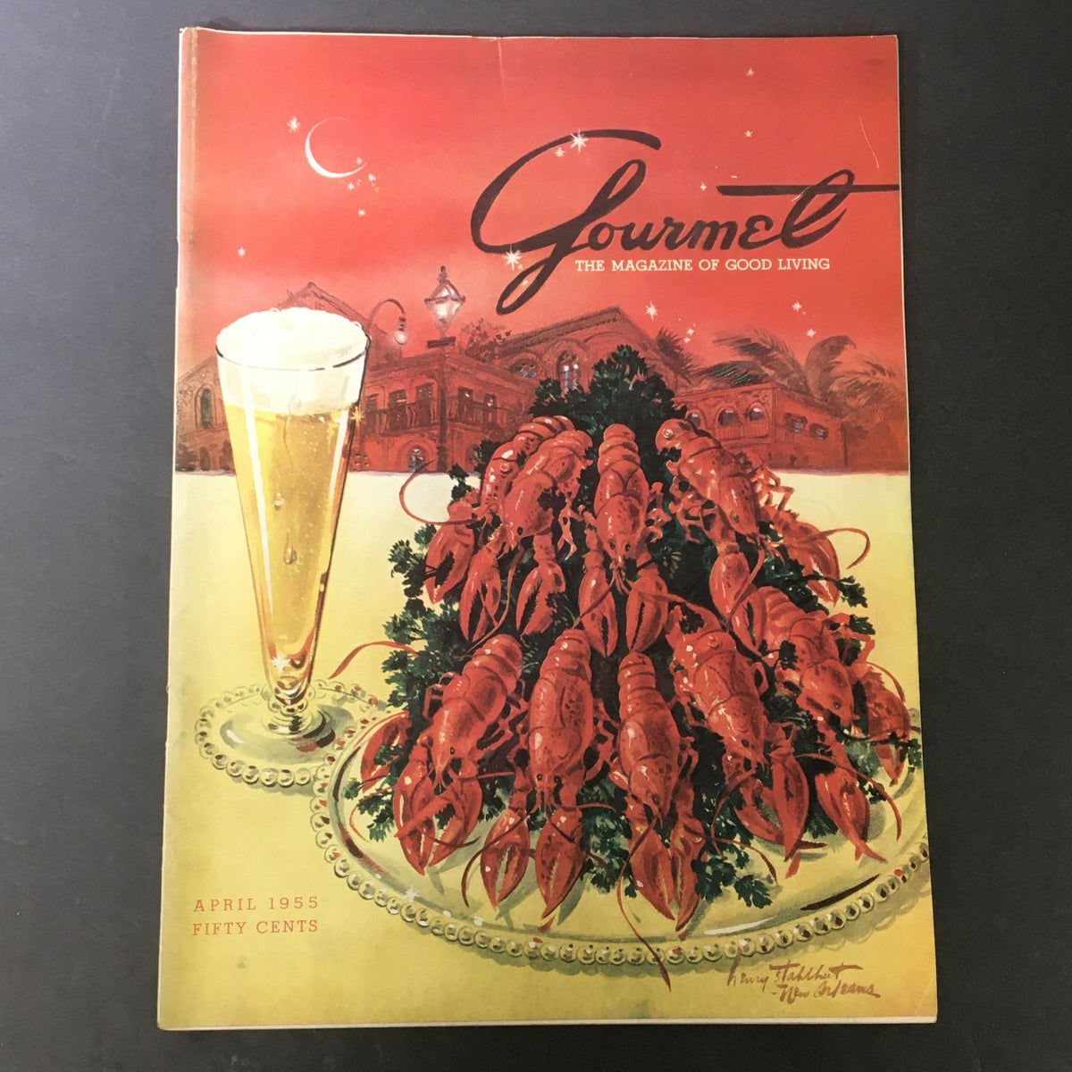 Cover of VTG Gourmet The Magazine of Good Living April 1955 featuring a vibrant illustration of crawfish and a drink, showcasing the theme 'Yankee in Paradise'.