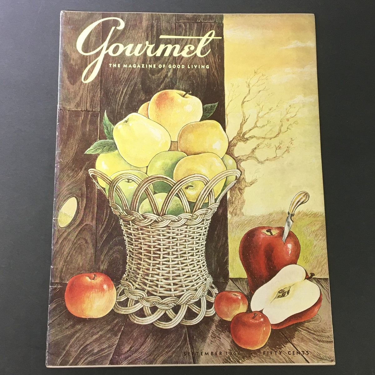 Cover of VTG Gourmet Magazine, September 1956 edition titled 'Essence of the Apple', featuring a colorful illustration of apples in a woven basket.