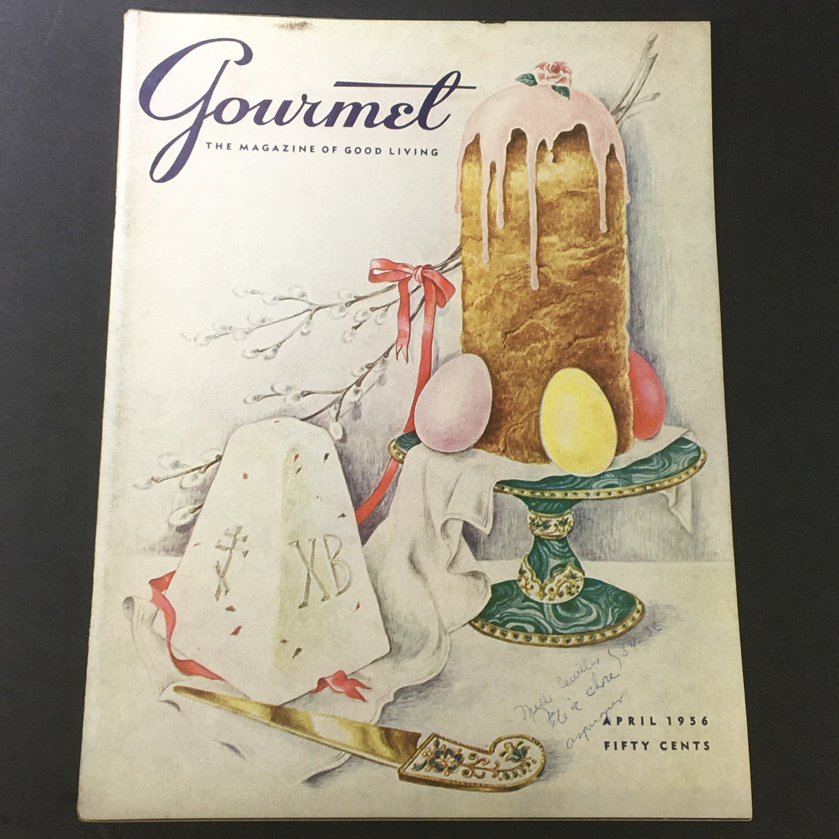 Cover of VTG Gourmet: The Magazine of Good Living - April 1956 featuring a colorful illustration of decorated Easter eggs, a traditional cake, and a knife, showcasing the culinary themes of the era.