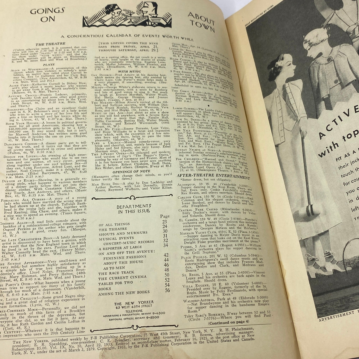 Interior page from The New Yorker Complete Magazine April 22, 1933, displaying the 'Goings On About Town' section, highlighting cultural events of the time.