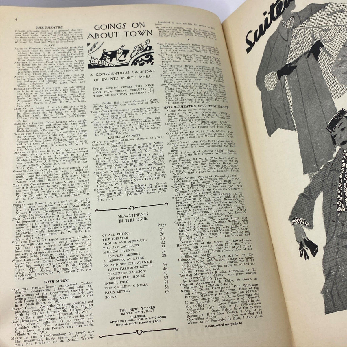 Interior page of The New Yorker Complete Magazine February 18, 1933, featuring the 'Goings on About Town' section with a calendar of events and entertainment listings.
