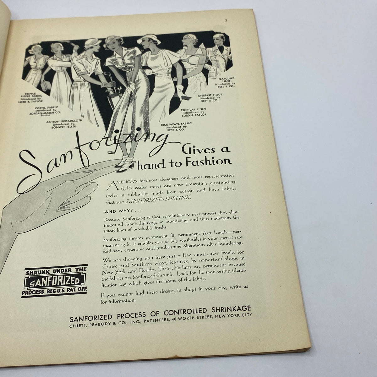 Advertisement page from The New Yorker magazine January 28, 1933, featuring a fashion promotion by Sanforizing highlighting styled dresses.