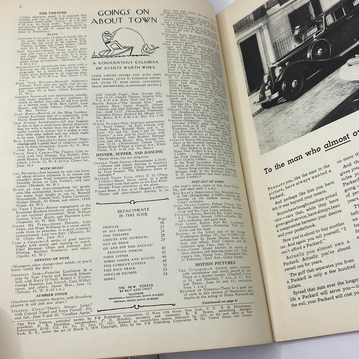 Interior page from The New Yorker Complete Magazine June 10, 1933 featuring the 'Goings On About Town' calendar of events and advertisements, showcasing cultural insights from the 1930s.