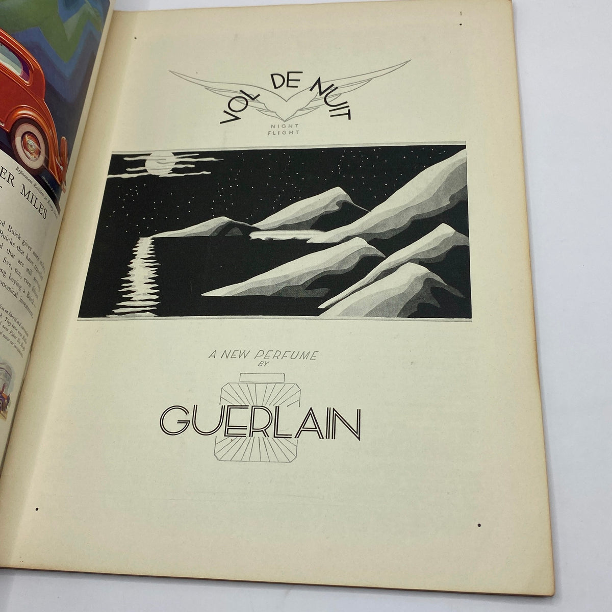 Interior page of The New Yorker magazine from June 10, 1933 featuring an advertisement for a new perfume by Guerlain titled 'Vol de Nuit' with a night flight theme.